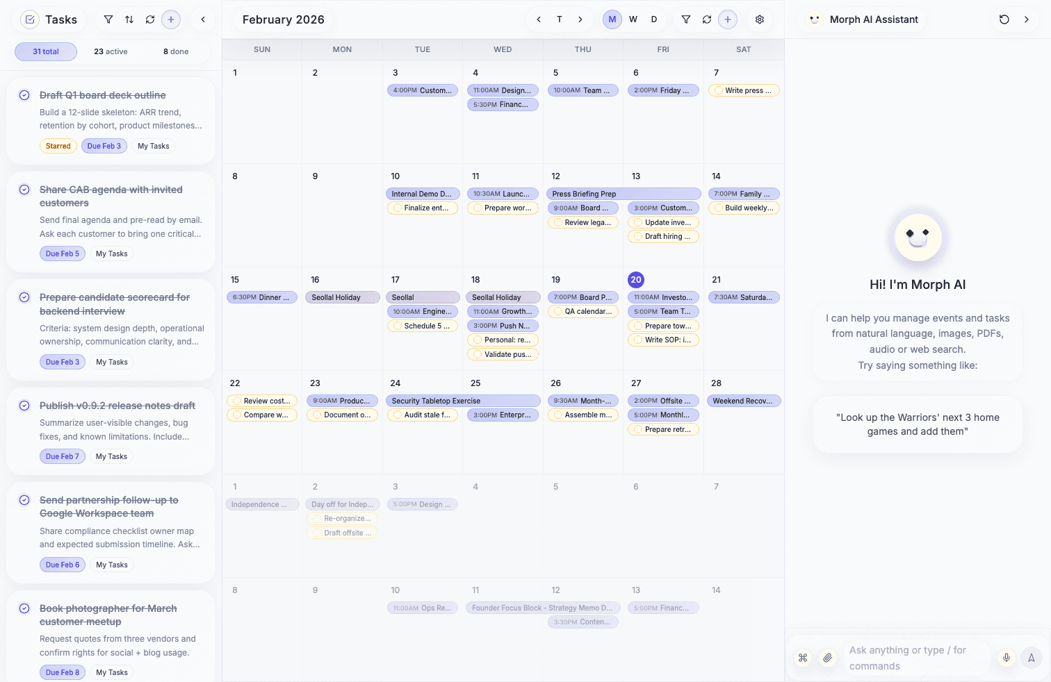 Morph AI — Tasks, Calendar, and AI Chat in one view