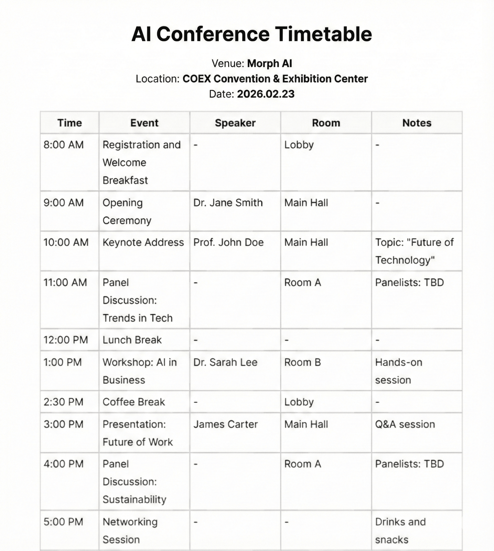 Conference timetable